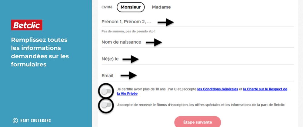 remplissage du formulaire d'inscription chez betclic france